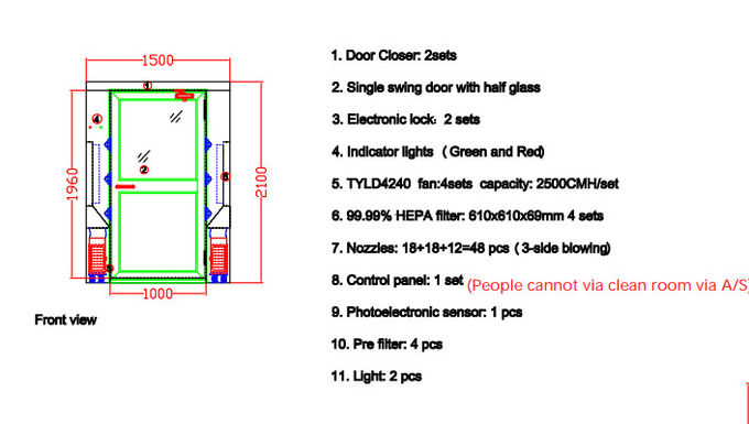 Grande pièce de douche simple d'air d'acier inoxydable de portes d'oscillation de feuille avec trois soufflant 1